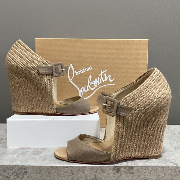 CHRISTIAN LOUBOUTIN Taupe Espadrille Wedges Size 37 US 6.5 Red Bottoms - Picture 2 of 16